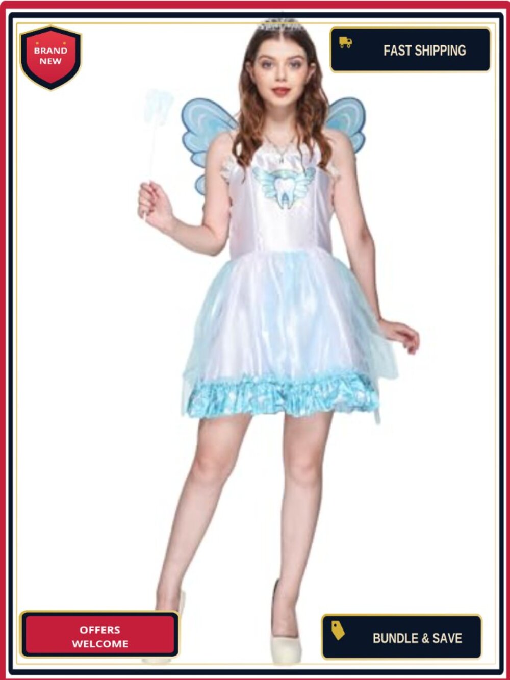 Tooth Fairy Costume Halloween Fancy Dress with Wings Necklace Magic Stick